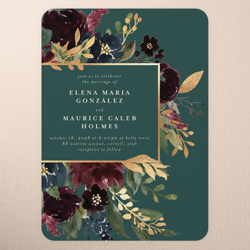 Bouquet Garland Wedding Invitation, Green, 5x7 Flat, Pearl Shimmer Cardstock, Rounded