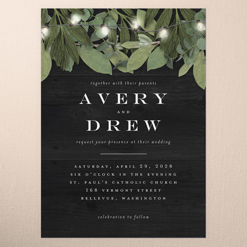 Lit Foliage Wedding Invitation, Black, 5x7 Flat, Matte, Signature Smooth Cardstock, Square