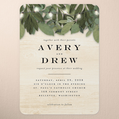 Lit Foliage Wedding Invitation, Beige, 5x7 Flat, 100% Recycled Cardstock , Rounded, Nude