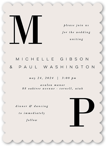 Big Letters Wedding Invitation, Grey, 5x7, Pearl Shimmer Cardstock, Scallop