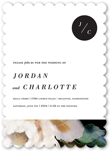 Modern Style Wedding Invitation, White, 5x7 Flat, Pearl Shimmer Cardstock, Scallop