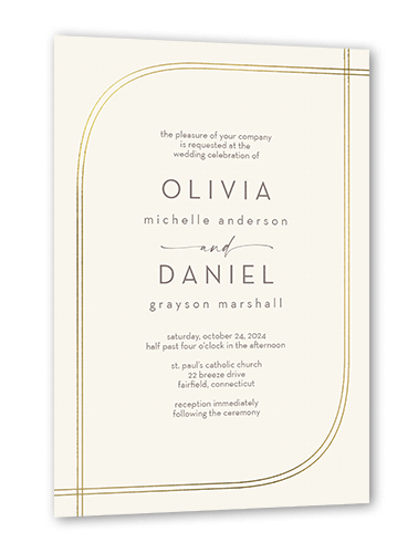 Adorned Arc Wedding Invitation, White, Gold Foil, 5x7, Pearl Shimmer Cardstock, Square