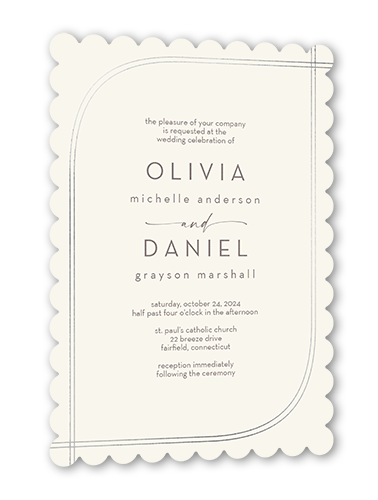 Adorned Arc Wedding Invitation, White, Silver Foil, 5x7, Pearl Shimmer Cardstock, Scallop