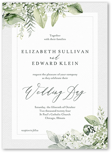 Lovely Lush Wedding Invitation, White, 5x7 Flat, Pearl Shimmer Cardstock, Square