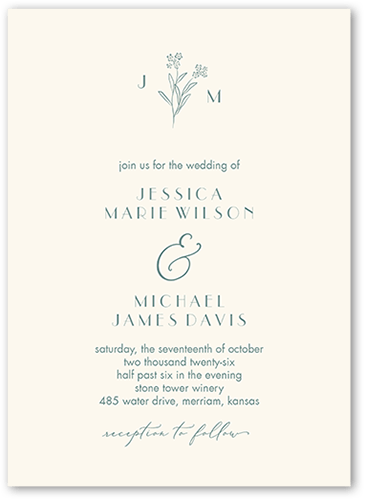Simple Sprig Wedding Invitation, Blue, 5x7 Flat, Standard Smooth Cardstock, Square