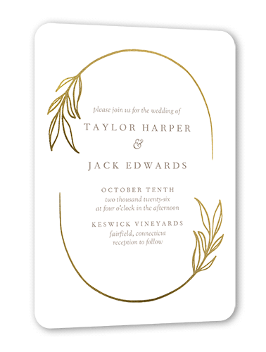 Ornate Oval Wedding Invitation, White, Gold Foil, 5x7 Flat, Pearl Shimmer Cardstock, Rounded, White
