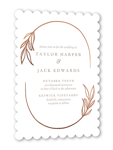 Ornate Oval Wedding Invitation, Rose Gold Foil, White, 5x7 Flat, Pearl Shimmer Cardstock, Scallop