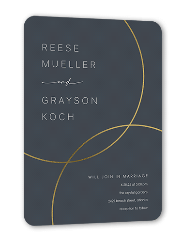 Refined Rings Wedding Invitation, Gray, Gold Foil, 5x7 Flat, Pearl Shimmer Cardstock, Rounded, Gray