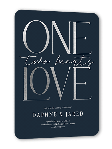 One Love Wedding Invitation, Blue, Silver Foil, 5x7 Flat, Pearl Shimmer Cardstock, Rounded