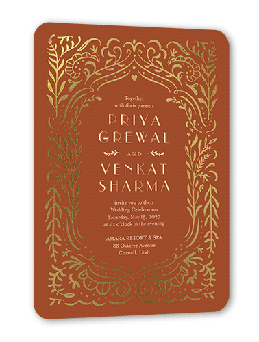 Wonderful Weave Wedding Invitation, Gold Foil, Orange, 5x7 Flat, Pearl Shimmer Cardstock, Rounded