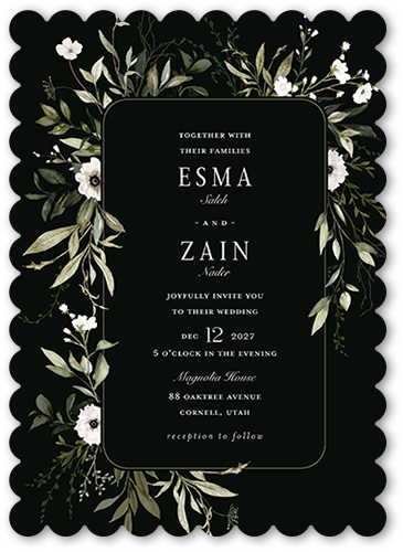 Floral Filigree Wedding Invitation, Black, 5x7 Flat, Pearl Shimmer Cardstock, Scallop