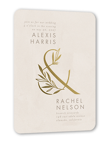 Splendid Spruce Wedding Invitation, Beige, Gold Foil, 5x7 Flat, Matte, Signature Smooth Cardstock, Rounded, Beige