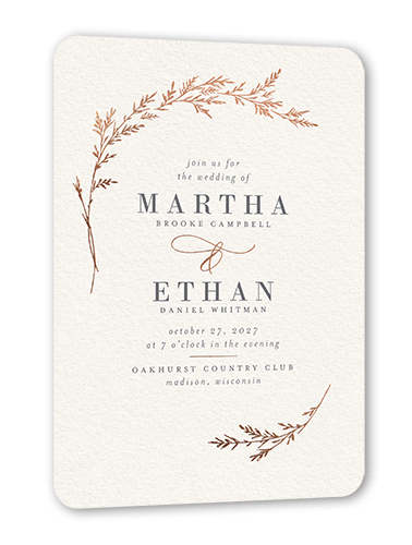 Spectacular Spruce Wedding Invitation, Rose Gold Foil, Beige, 5x7 Flat, Pearl Shimmer Cardstock, Rounded, Antique White
