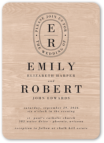 Majestic Monogram Wedding Invitation, Beige, 5x7 Flat, 100% Recycled Cardstock ?, Rounded