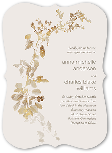 Golden Grace Wedding Invitation, Gray, 5x7 Flat, Pearl Shimmer Cardstock, Bracket