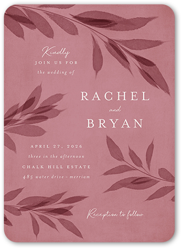 Pressed Leaves Wedding Invitation, Pink, 5x7 Flat, Pearl Shimmer Cardstock, Rounded, Blush