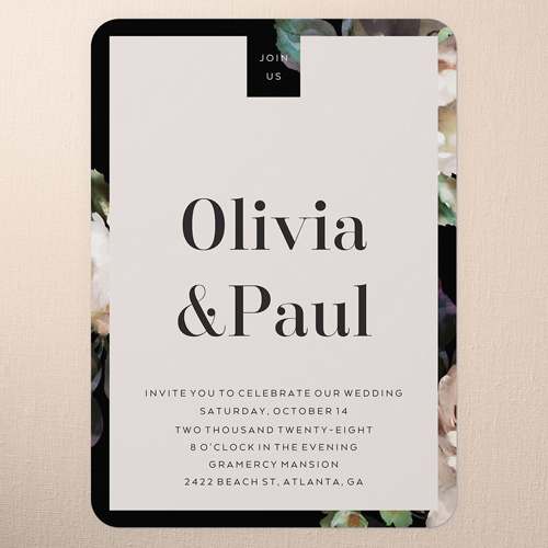 Forged Blooms Wedding Invitation, White, 5x7 Flat, Pearl Shimmer Cardstock, Rounded