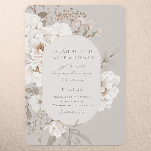 Full Bloom Wedding Invitation, Gray, 5x7 Flat, Pearl Shimmer Cardstock, Rounded