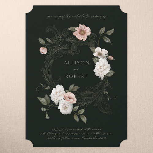 Peaceful Flowers Wedding Invitation, Black, 5x7 Flat, Pearl Shimmer Cardstock, Ticket