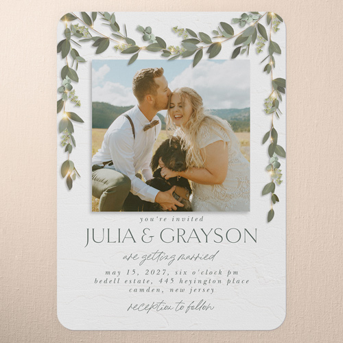 Laced Laurels Wedding Invitation, White, 5x7 Flat, 100% Recycled Cardstock , Rounded, White