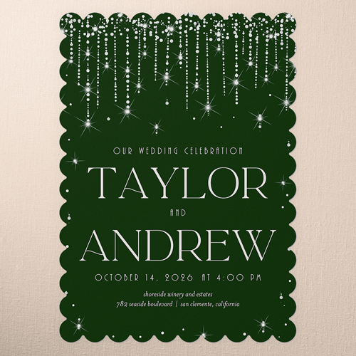 Adorned Glimmer Wedding Invitation, Green, 5x7 Flat, Pearl Shimmer Cardstock, Scallop