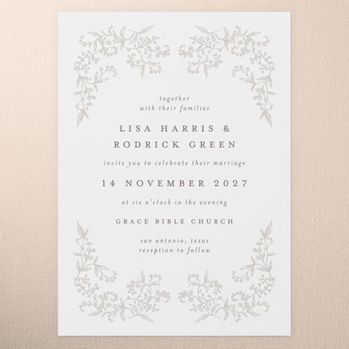 Delicate Florals Wedding Invitation, White, 5x7 Flat, Standard Smooth Cardstock, Square