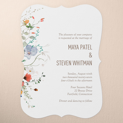 Tranquil Flowers Wedding Invitation, White, 5x7 Flat, Pearl Shimmer Cardstock, Bracket