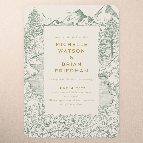 Alpine Affection Wedding Invitation, Green, 5x7 Flat, Write Your Own, Pearl Shimmer Cardstock, Rounded
