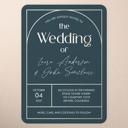 Geometric Impression Wedding Invitation, Blue, Gold Foil, 5x7 Flat, Matte, Signature Smooth Cardstock, Rounded