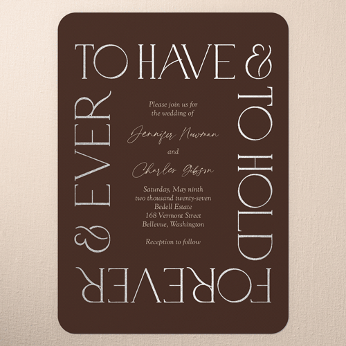 Romantic Gleam Wedding Invitation, Red, Silver Foil, 5x7 Flat, Pearl Shimmer Cardstock, Rounded