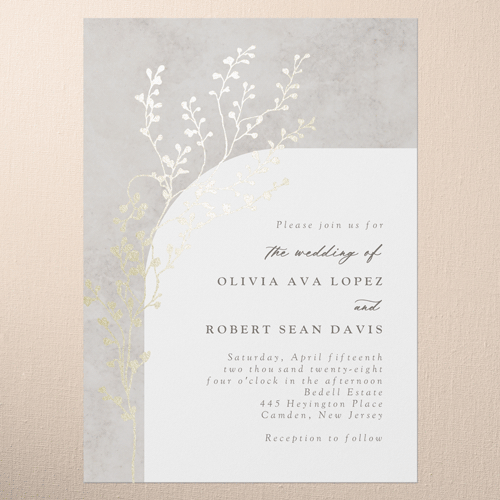 Beaming Branch Wedding Invitation, Gray, Gold Foil, 5x7 Flat, Pearl Shimmer Cardstock, Square
