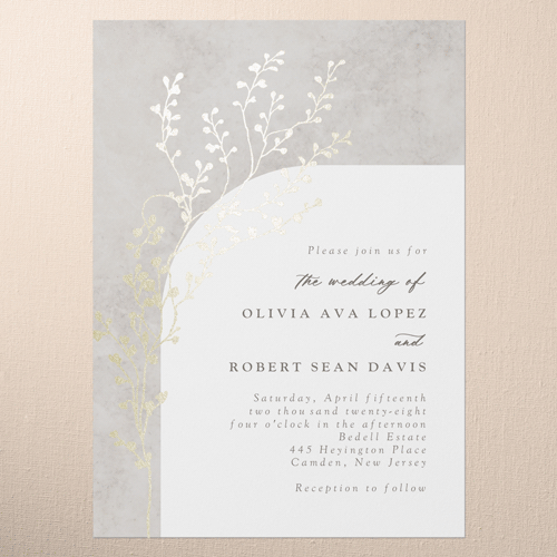 Beaming Branch Wedding Invitation, Gold Foil, Gray, 5x7 Flat, Luxe Double-Thick Cardstock, Square, Gray