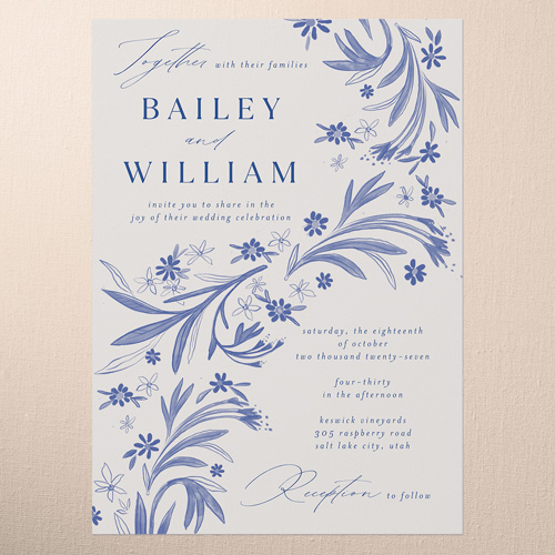 Floral Whimsy Wedding Invitation, Blue, 5x7 Flat, Standard Smooth Cardstock, Square