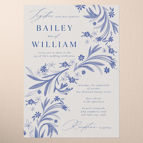 Floral Whimsy Wedding Invitation, Blue, 5x7 Flat, Matte, Signature Smooth Cardstock, Square