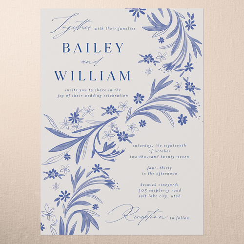 Floral Whimsy Wedding Invitation, Blue, 5x7 Flat, 100% Recycled Cardstock ?, Square