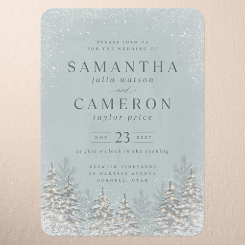 Snowy Wonderland Wedding Invitation, Green, 5x7 Flat, Pearl Shimmer Cardstock, Rounded