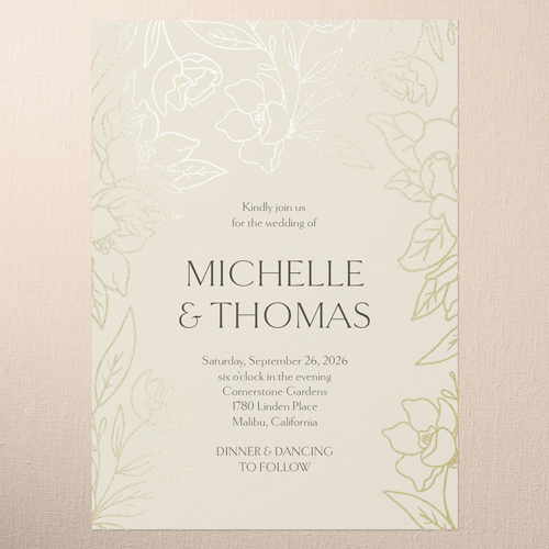 Floral Fantasy Wedding Invitation, Beige, Gold Foil, 5x7 Flat, Luxe Double-Thick Cardstock, Square