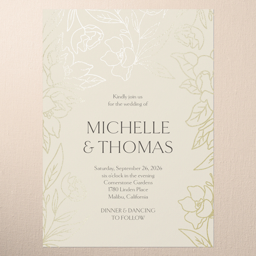 Floral Fantasy Wedding Invitation, Gold Foil, Beige, 5x7 Flat, Luxe Double-Thick Cardstock, Square