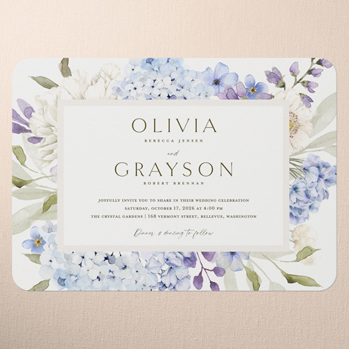 Hydrangea Highlight Wedding Invitation, Blue, 5x7 Flat, Pearl Shimmer Cardstock, Rounded