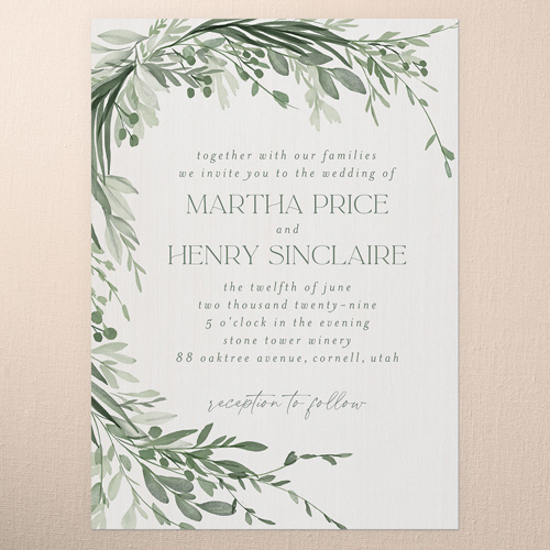 Elegant Fronds Wedding Invitation, White, 5x7 Flat, Matte, Signature Smooth Cardstock, Square, White