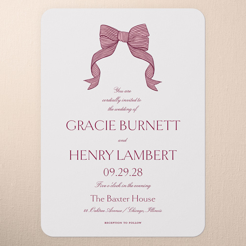 Classical Bow Wedding Invitation, Red, 5x7 Flat, Matte, Signature Smooth Cardstock, Rounded, Red