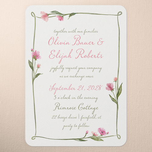 Watercolor Wildflowers Wedding Invitation, Pink, 5x7 Flat, Pearl Shimmer Cardstock, Rounded, Honeysuckle