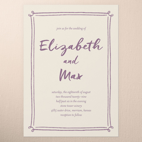 Doodle Border Wedding Invitation, Purple, 5x7 Flat, Pearl Shimmer Cardstock, Square, Deep Plum