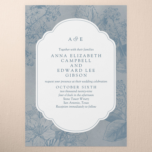 Antique Florals Wedding Invitation, Blue, 5x7 Flat, Matte, Signature Smooth Cardstock, Square, Silver Lake
