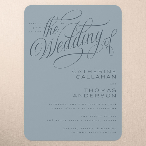 The Wedding Of Wedding Invitation, Blue, 5x7 Flat, Pearl Shimmer Cardstock, Rounded, Blue
