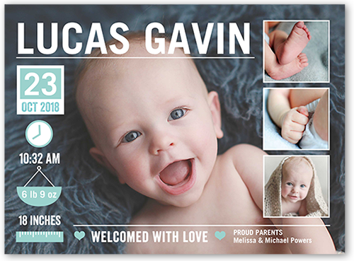 Baby Info Boy Birth Announcement, Blue, 6x8 Flat, Luxe Double-Thick Cardstock, Square