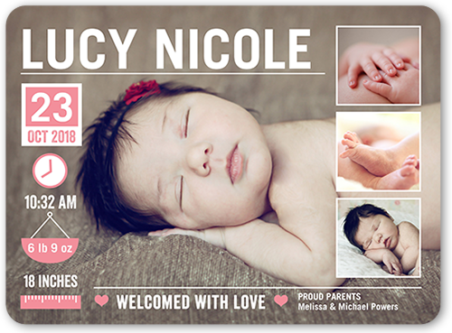 Baby Info Girl Birth Announcement, Rounded Corners
