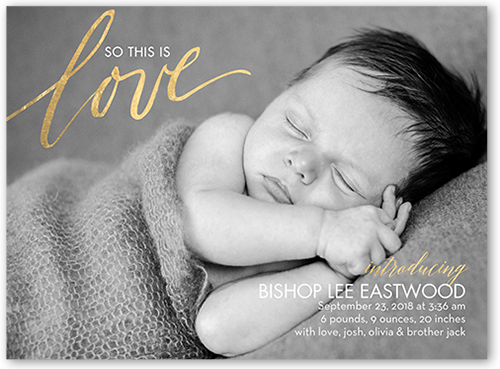 This is Love Birth Announcement, White, Pearl Shimmer Cardstock, Square