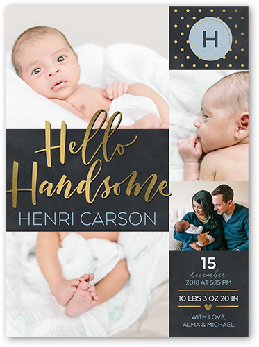 Hello Script Boy Birth Announcement, Grey, Matte, Signature Smooth Cardstock, Square