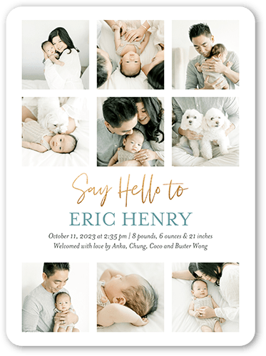Hello Gallery Birth Announcement, White, 6x8 Flat, Pearl Shimmer Cardstock, Rounded